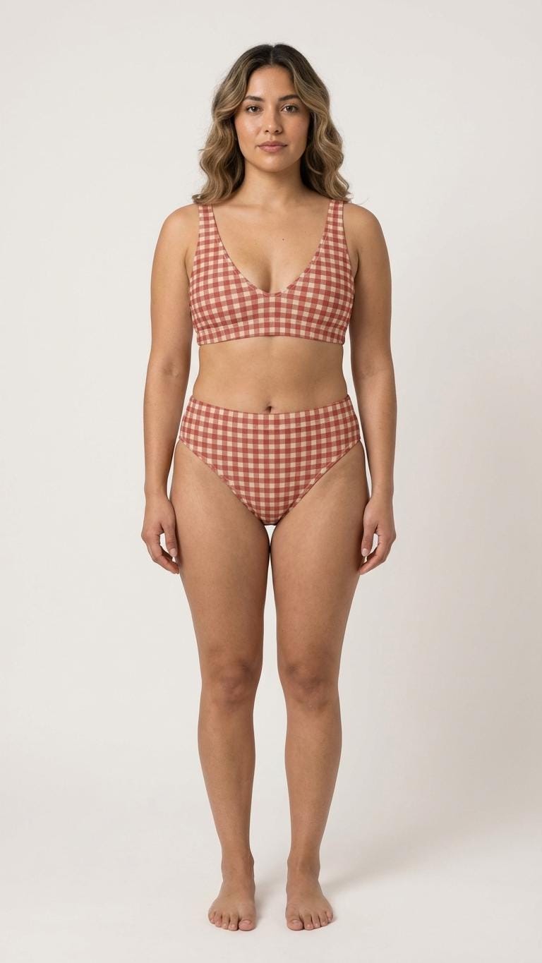Shabby Chic Vintage-Inspired Red Gingham Bikini – Coquette Cottagecore Recycled Swimwear, Flattering High-Leg High-Waist Style