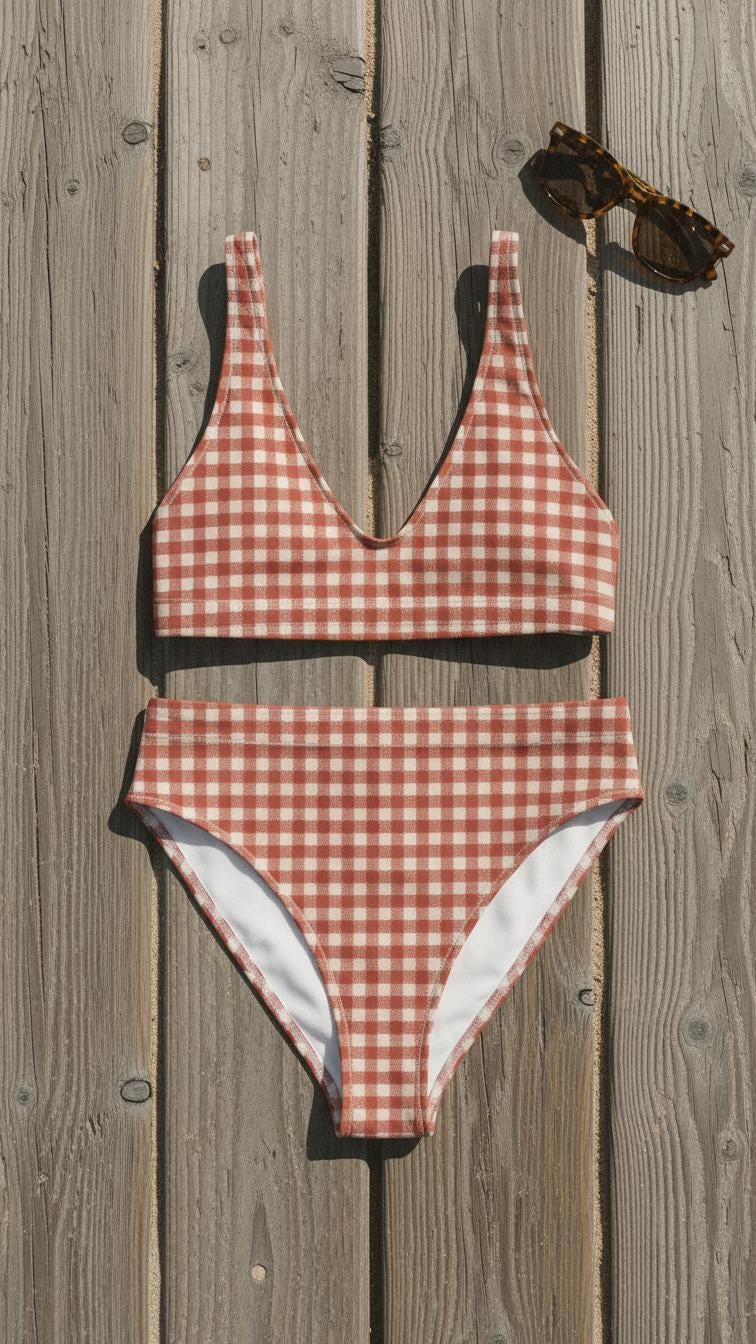 Shabby Chic Vintage-Inspired Red Gingham Bikini – Coquette Cottagecore Recycled Swimwear, Flattering High-Leg High-Waist Style