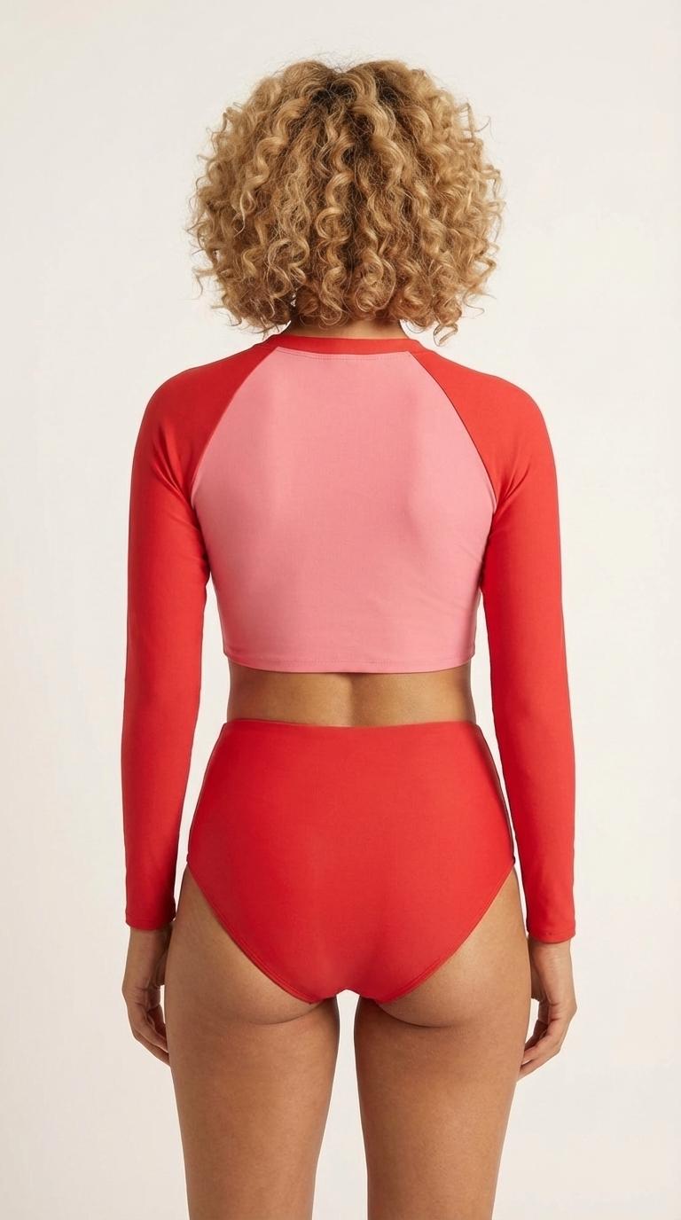 Vintage-Inspired Two-Tone Red Two-Piece Swimsuit | Retro Surf Long-Sleeve Crop-Top | High-Waisted Bottoms