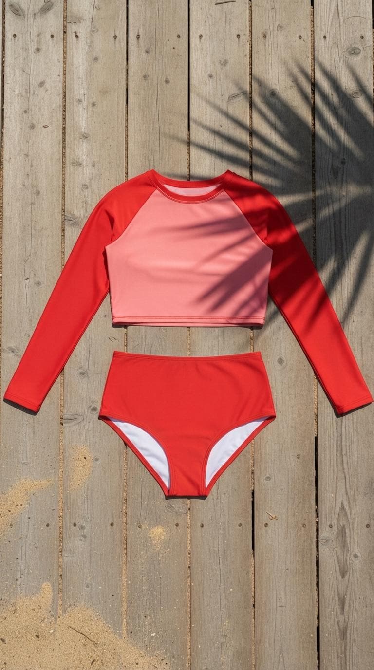 Vintage-Inspired Two-Tone Red Two-Piece Swimsuit | Retro Surf Long-Sleeve Crop-Top | High-Waisted Bottoms
