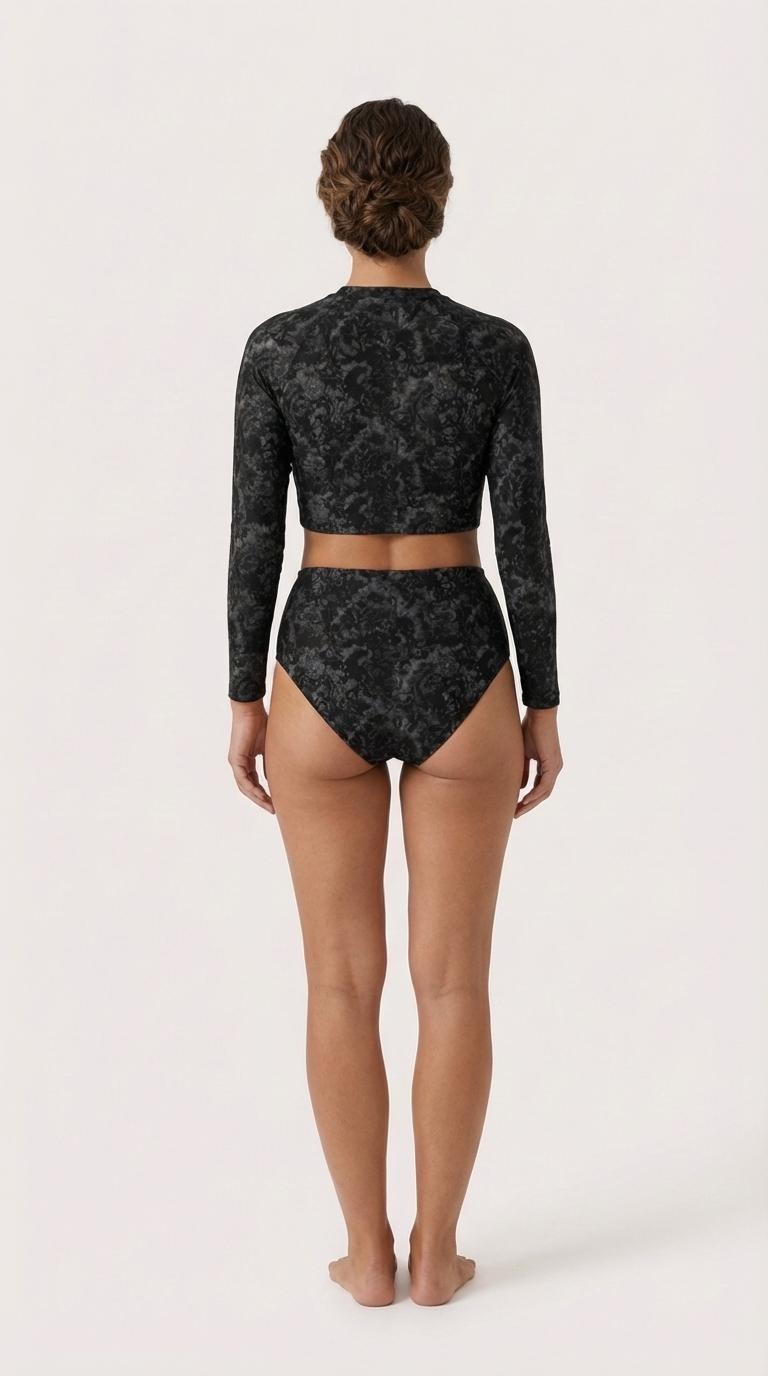 Y2K Goth Grunge High-Waist Bikini | Sporty Surf Long-Sleeve Crop-Top Swimsuit | Black Lace Print