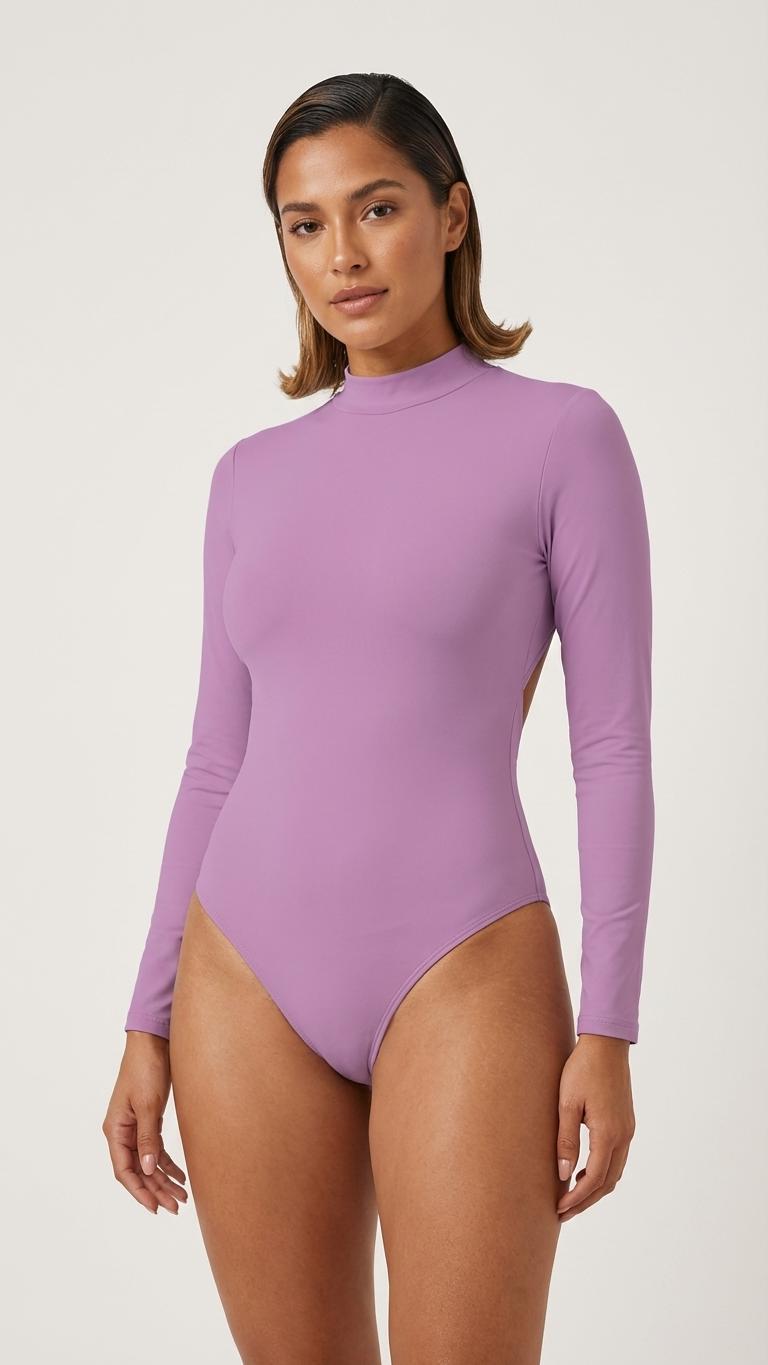 Long-Sleeve Open-Back One-Piece Surf Swimsuit | Lined Front, Removable Padding | Violet