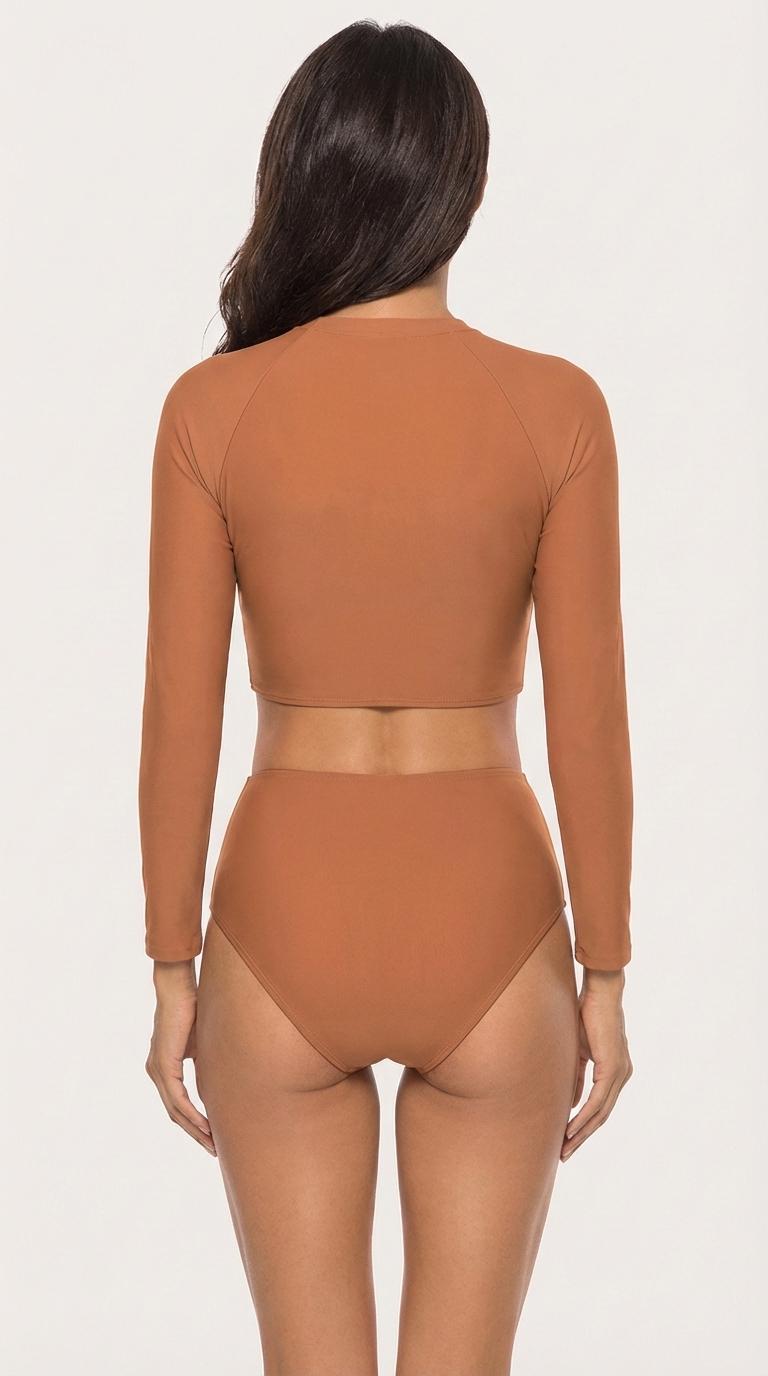 70s Retro Surf Colours Sporty Long-Sleeve Crop-Top Bikini | High-Waist Swimwear | S-2XL | Caramel Sunset Brown