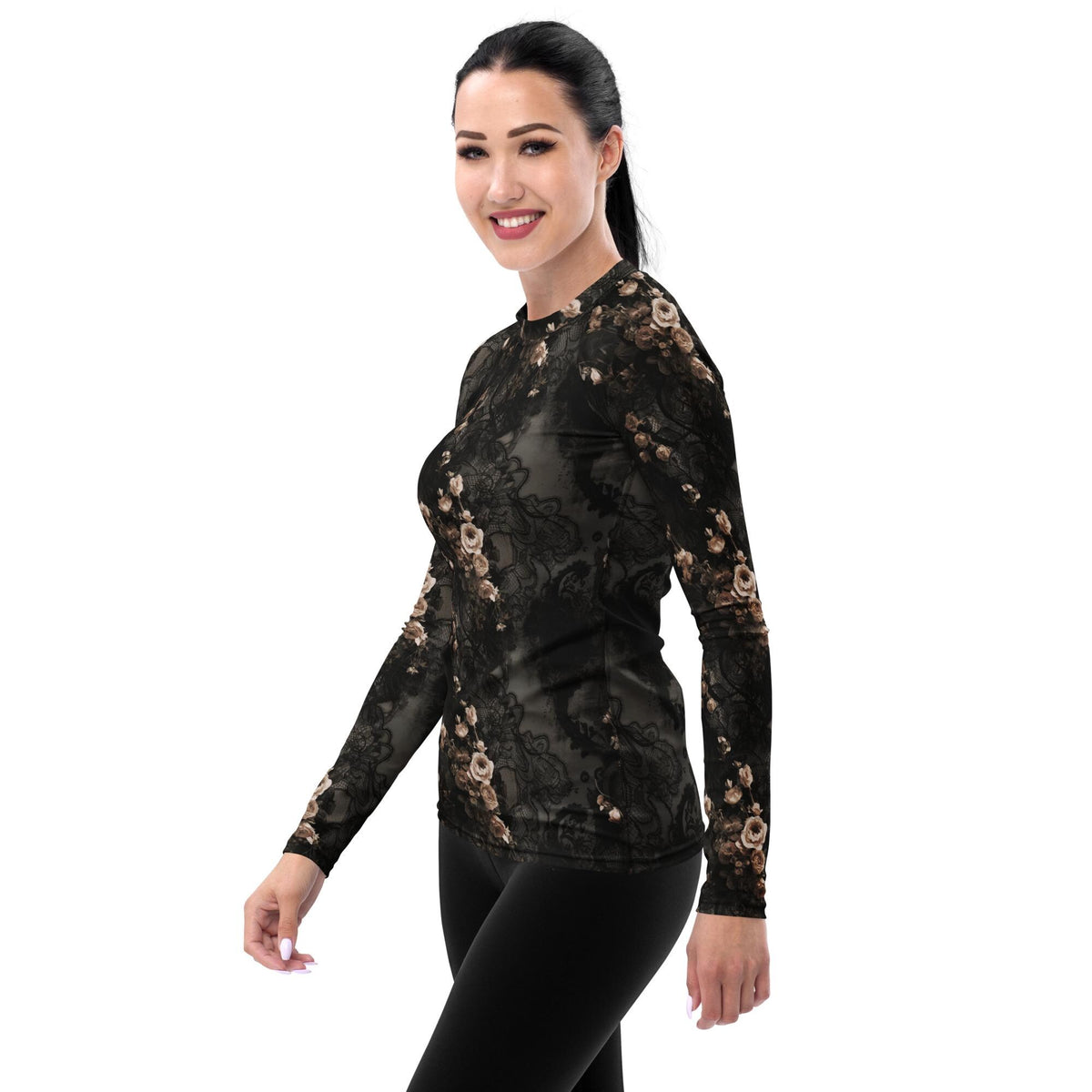 Classic Grunge Goth Surf Swim-Shirt, Brown Raglan Rash-Guard, Sun Protection - Lace & Roses (Top Only)