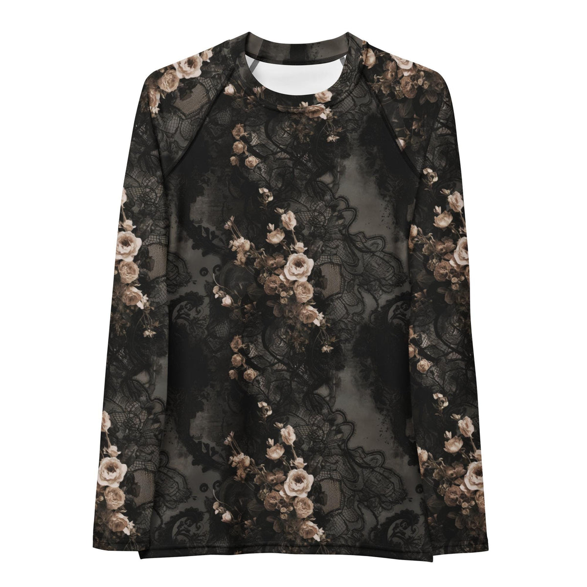 Classic Grunge Goth Surf Swim-Shirt, Brown Raglan Rash-Guard, Sun Protection - Lace & Roses (Top Only)