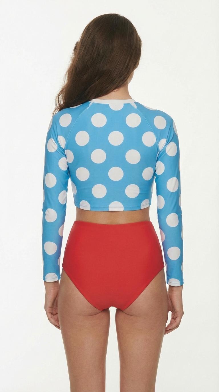 Retro 1950s Pin-Up Sporty Surf Long-Sleeve Crop-Top High-Waist Two-Piece Bikini | Blue Polka-Dot & Red