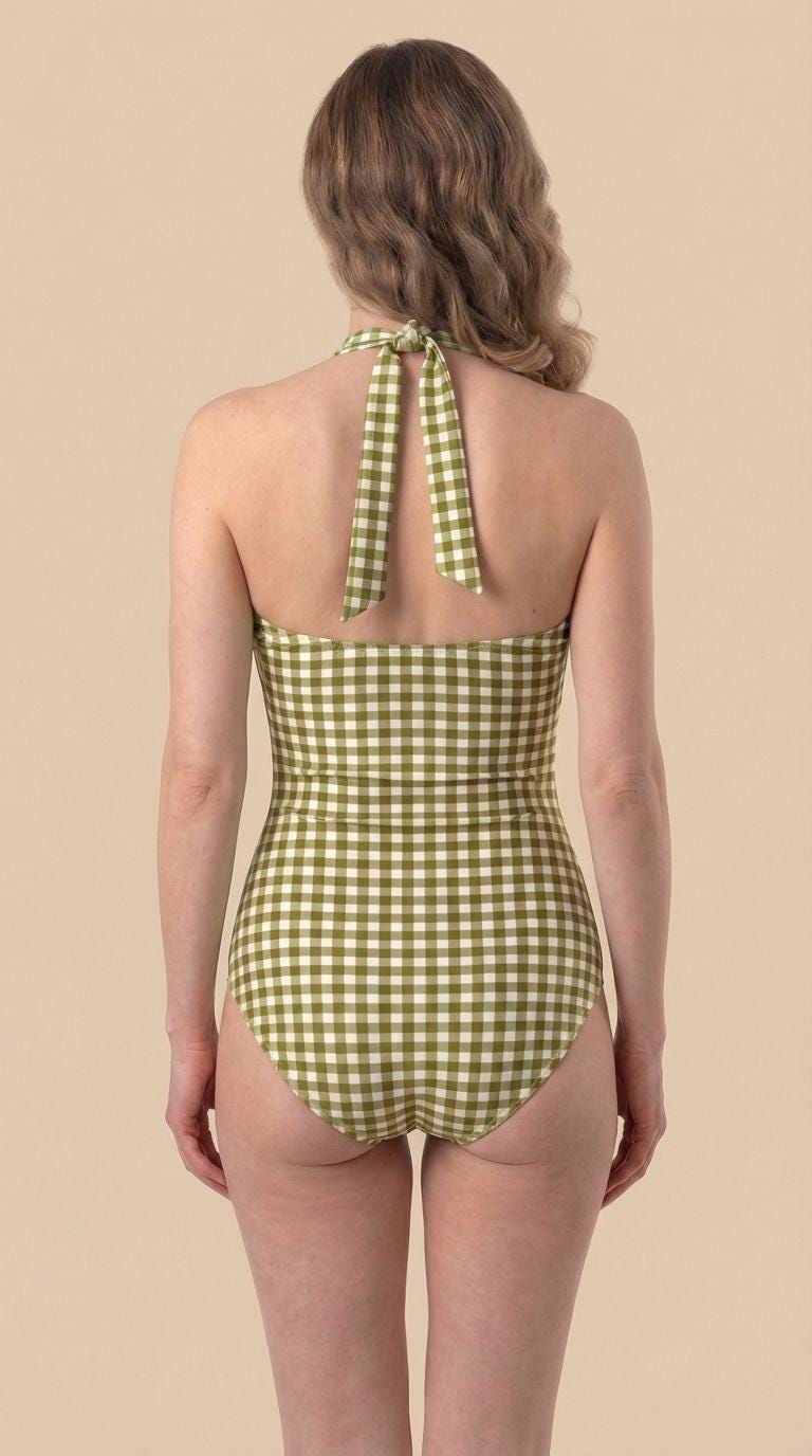 Coquette Vintage Pin Up Gingham Checkered Halter Sweetheart One-Piece Swimsuit, Padding & Tummy Control, Green