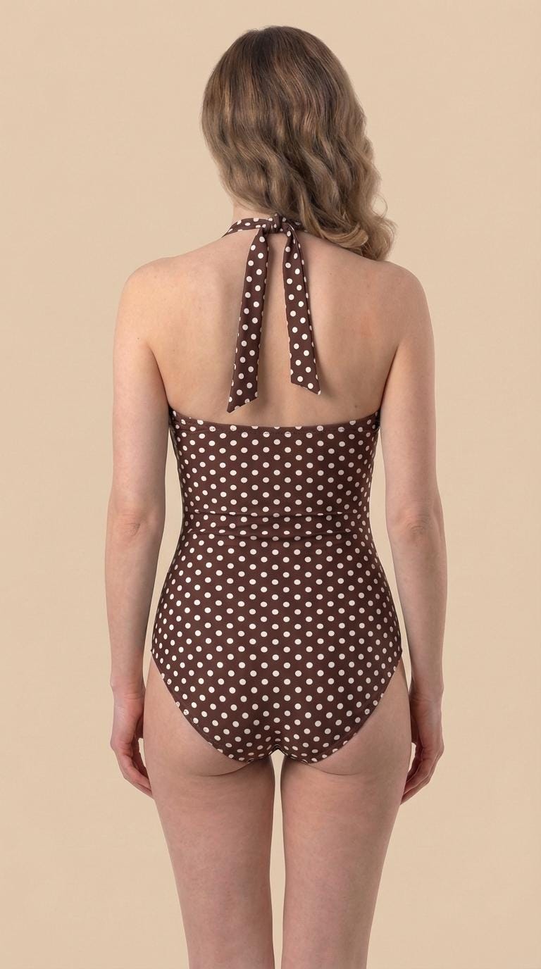 Halterneck One-Piece Swimsuit Pin Up Rockabilly Polka Dot 1950-60s, Padding & Tummy Control, Brown