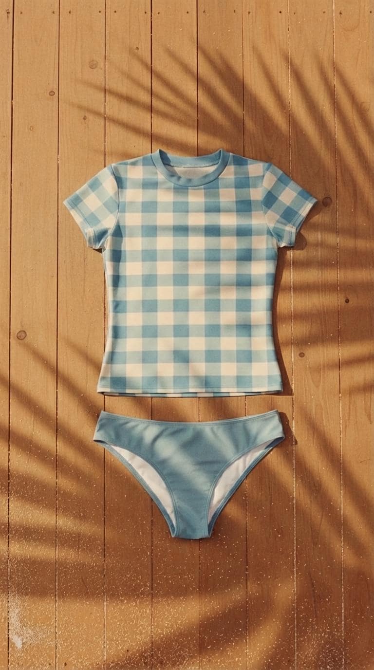 Retro Surf Bikini-Set – Stylish Short-Sleeve Rash-Guard Swim-Top, Briefs Tankini | Blue Gingham