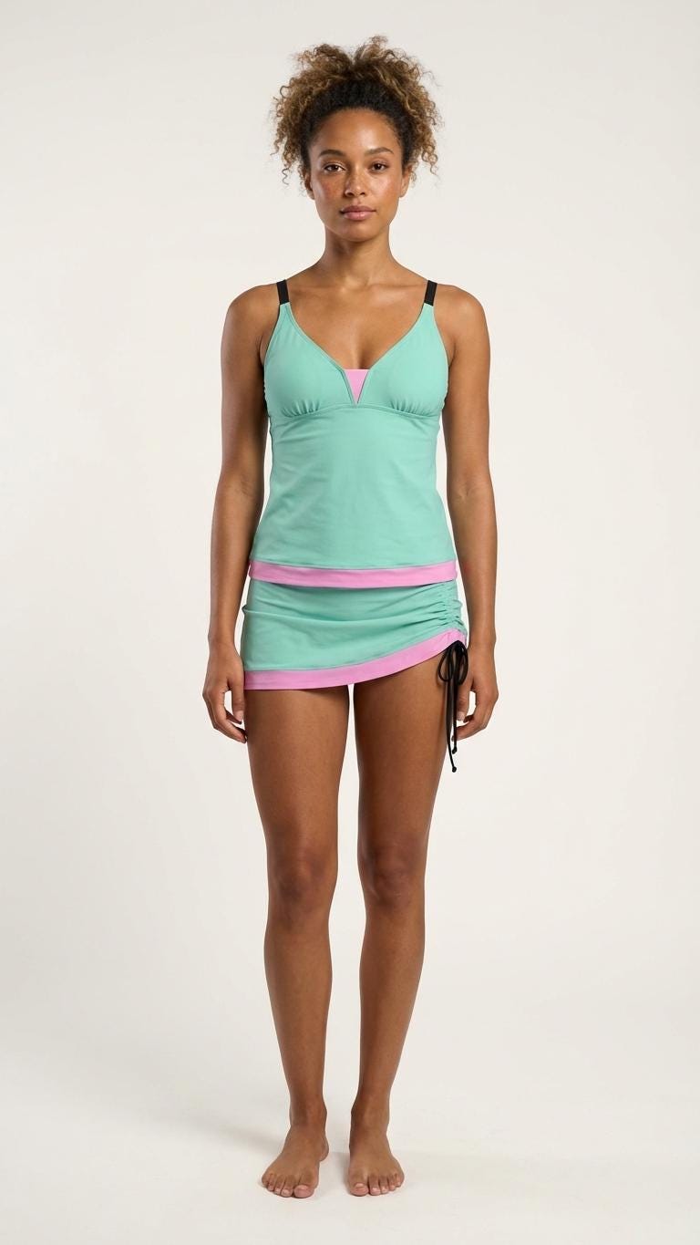 Drawstring Tankini Swimdress Skirted Swimsuit Set, 1980s-Fluo in Various Colours