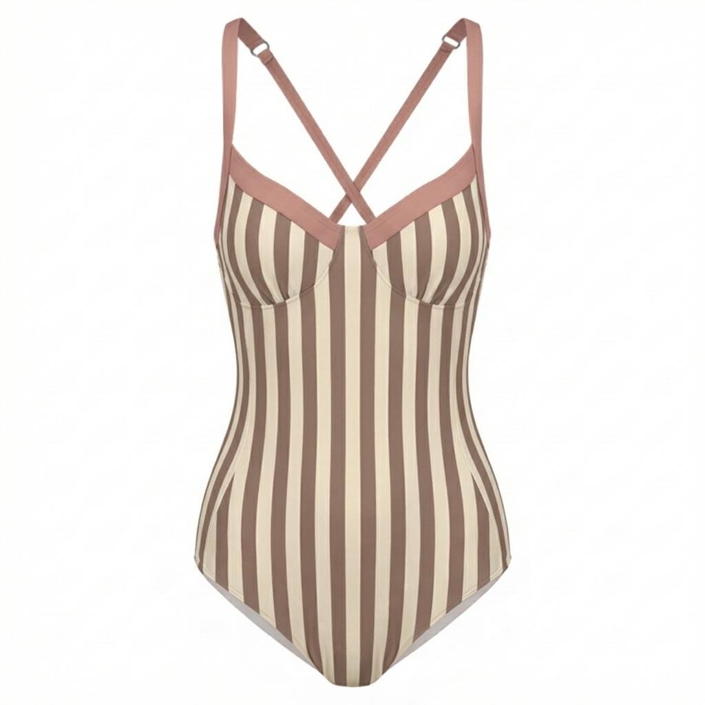 Retro Romantic Striped Push-Up One-Piece Swimsuit with Lace-Up Back, Stripes in Mauve & Other Colours