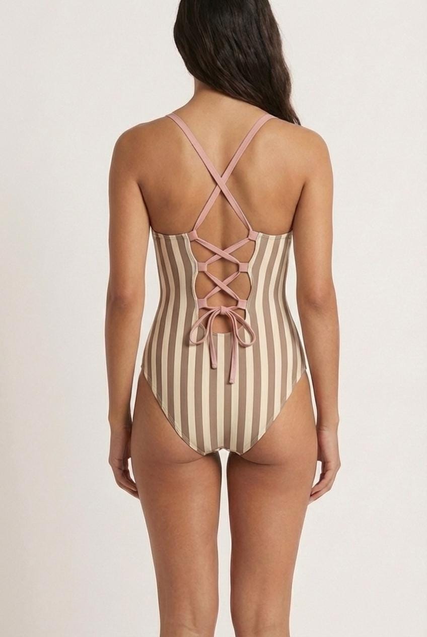 Retro Romantic Striped Push-Up One-Piece Swimsuit with Lace-Up Back, Stripes in Mauve & Other Colours