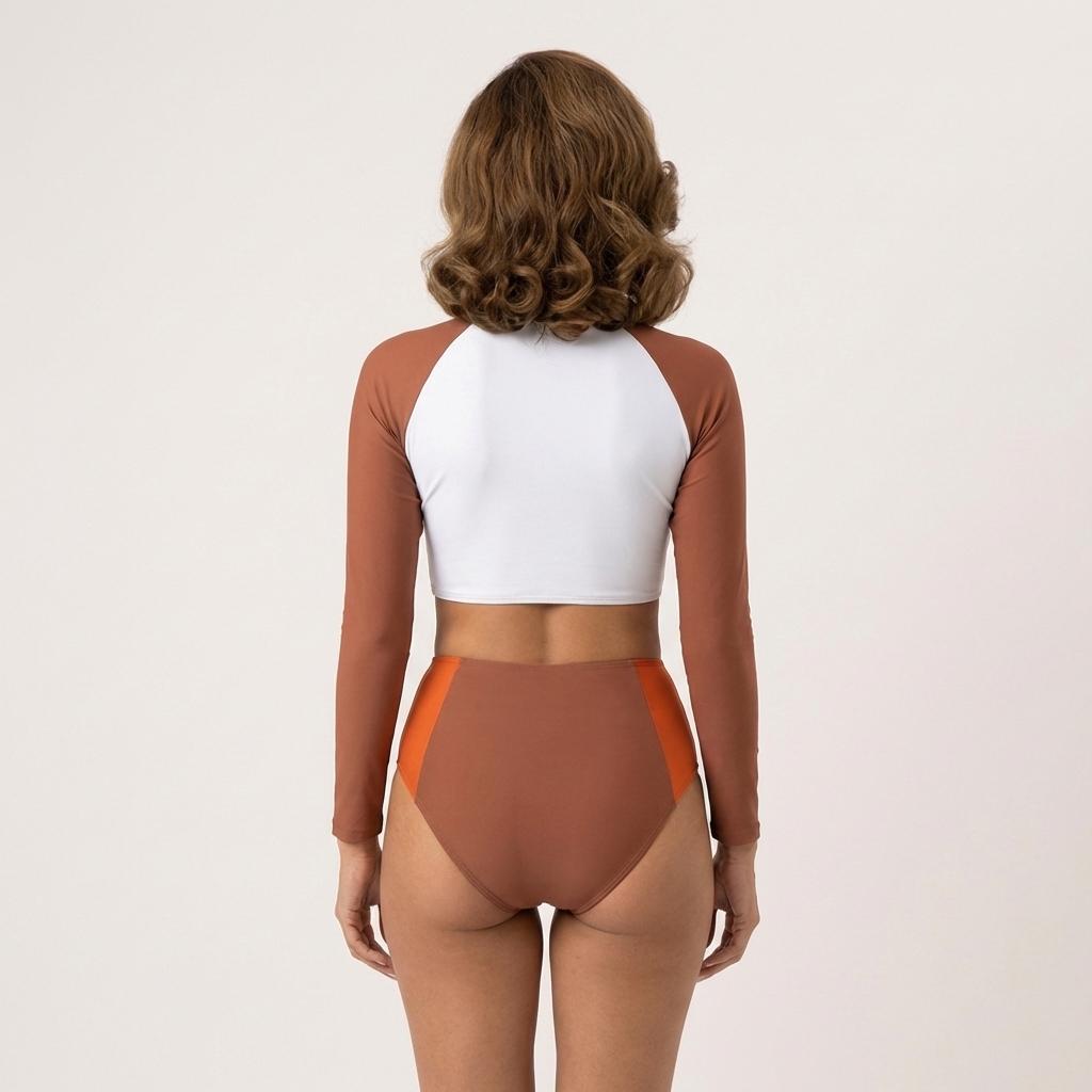 70s Retro Surf Sporty Long-Sleeve Bikini | High-Waist Rash-Guard Swimwear | S-2XL | Two-Tone Taupe with Orange