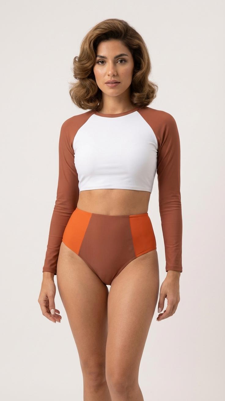 70s Retro Surf Sporty Long-Sleeve Bikini | High-Waist Rash-Guard Swimwear | S-2XL | Two-Tone Taupe with Orange