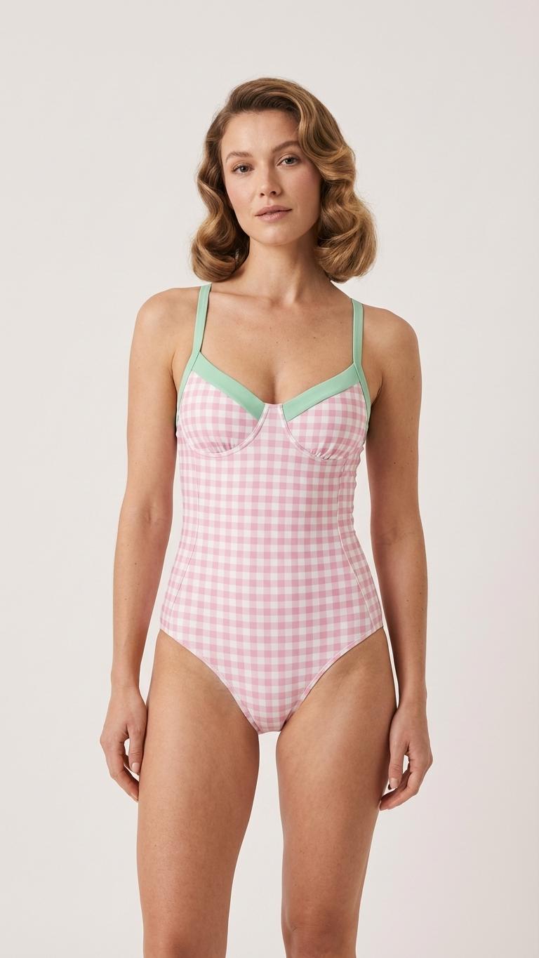 Retro Romantic Gingham Push-Up One-Piece Swimsuit with Lace-Up Back, Pastels