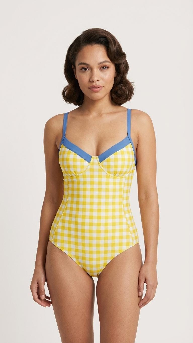 Retro Romantic Gingham Push-Up One-Piece Swimsuit with Lace-Up Back, Pastels