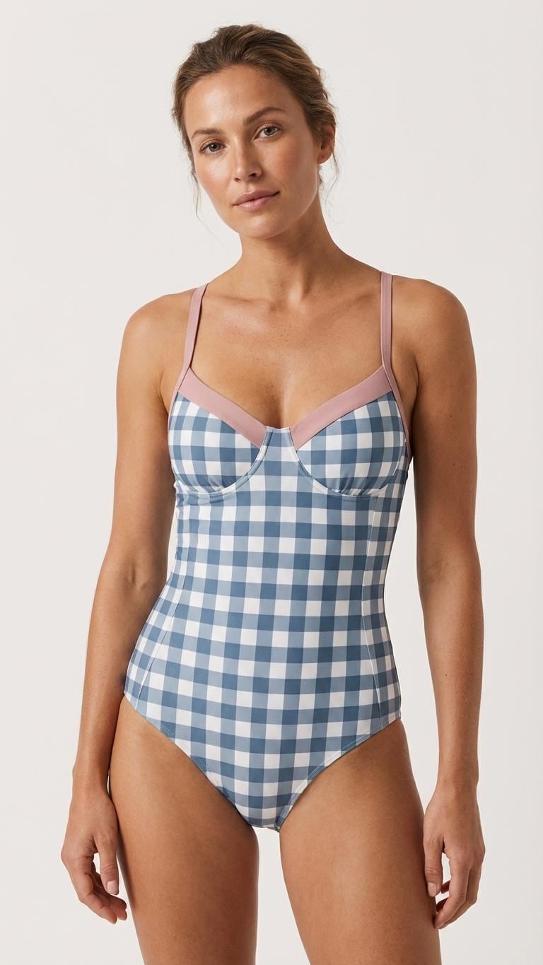 Retro Romantic Gingham Push-Up One-Piece Swimsuit with Lace-Up Back, Blue