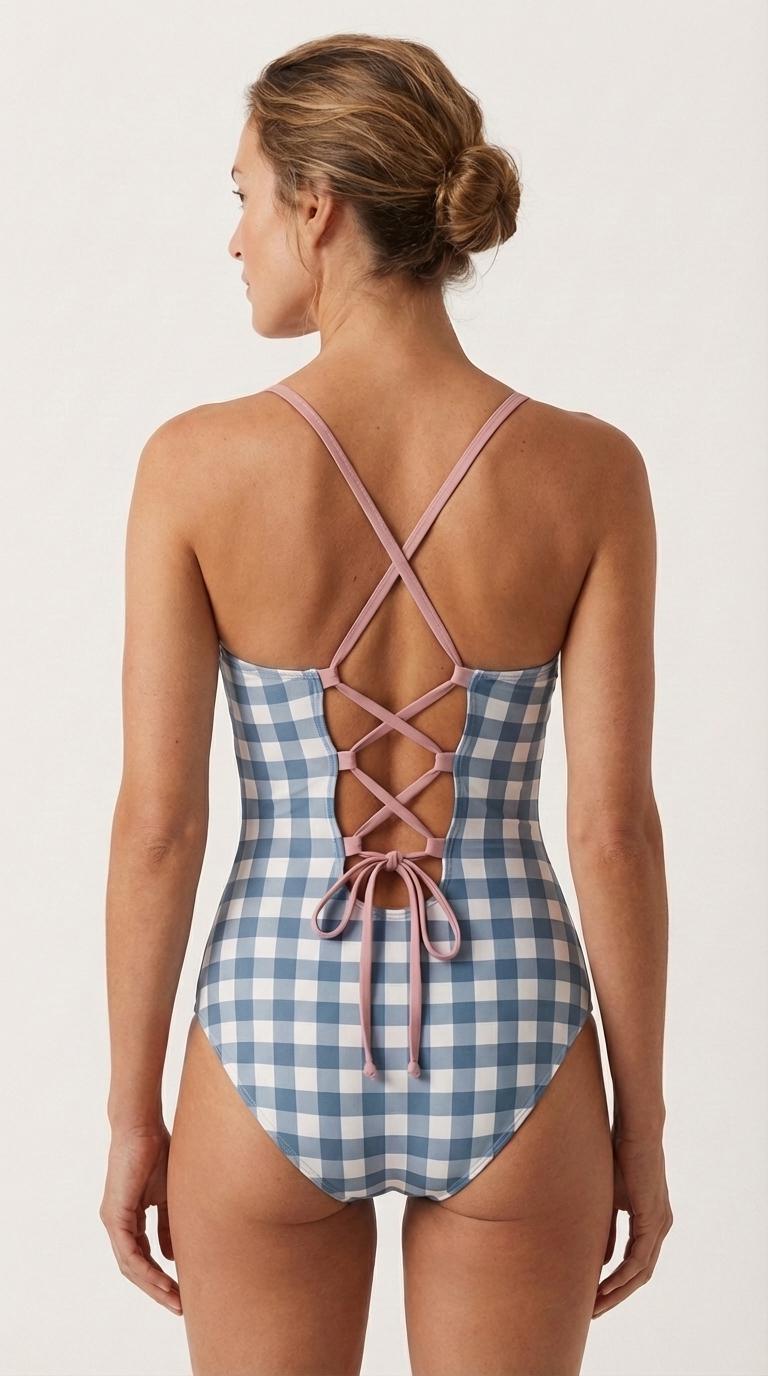 Retro Romantic Gingham Push-Up One-Piece Swimsuit with Lace-Up Back, Blue