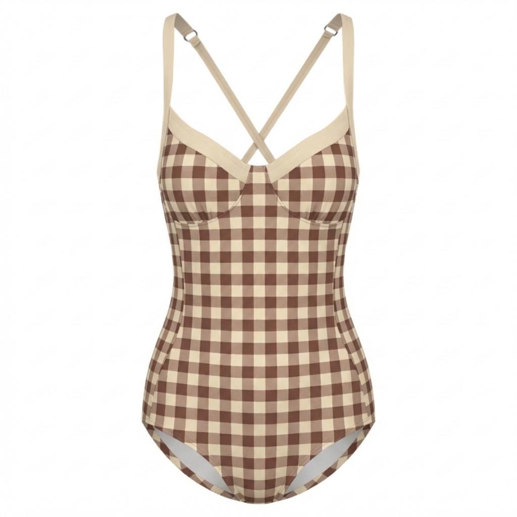 Retro Romantic Gingham Push-Up One-Piece Swimsuit with Lace-Up Back, Brown