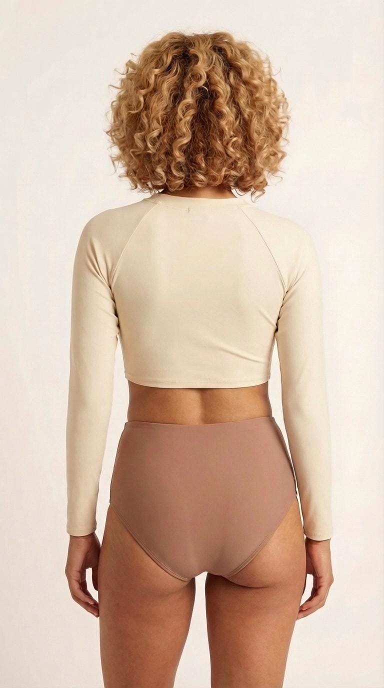 70s Retro Surf Sporty Long-Sleeve Crop-Top Bikini | High-Waist Two-Piece Swimwear | Cream & Tobacco Brown