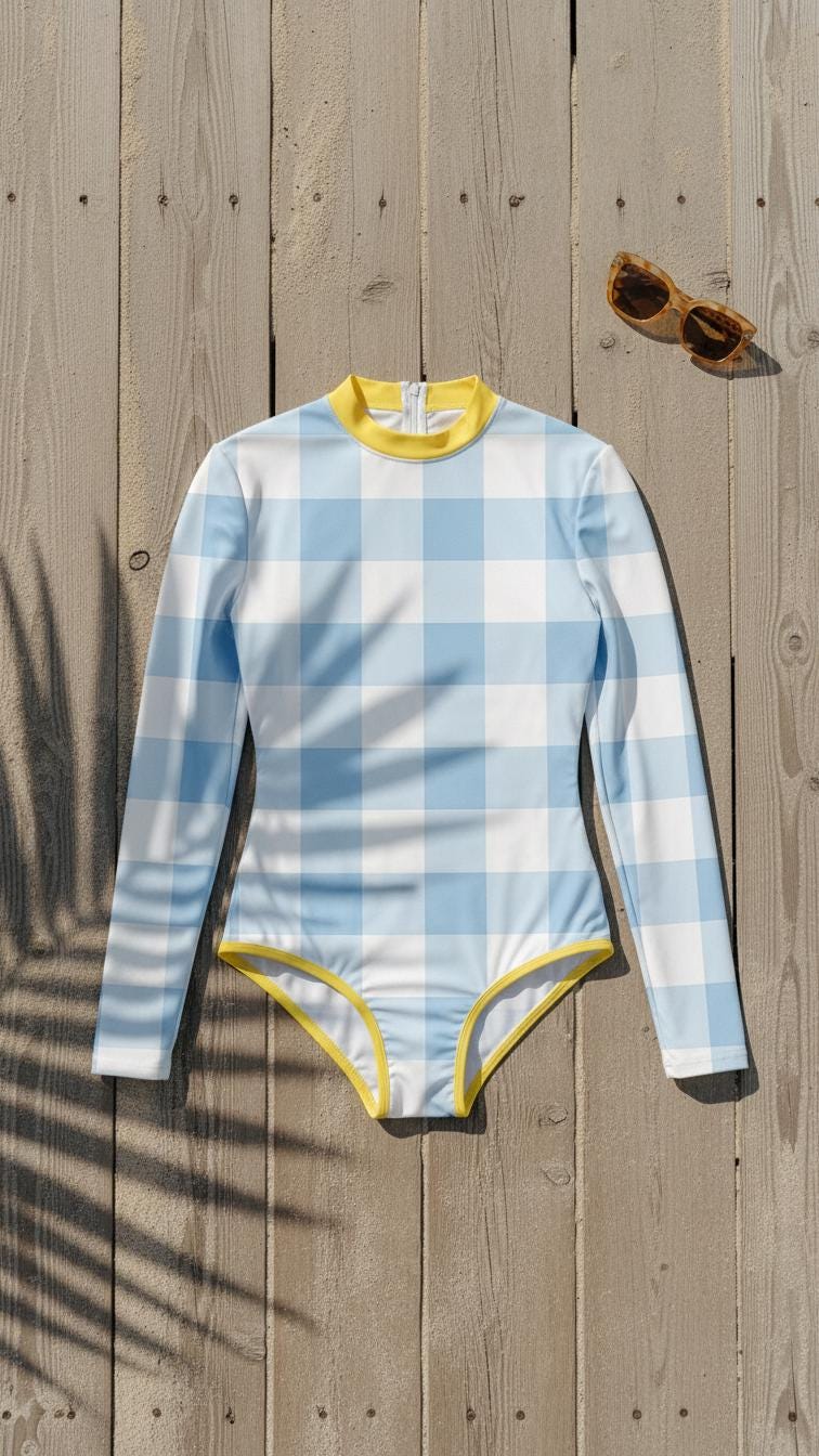 Retro Look Long-Sleeve One-Piece Swimsuit - Back-Zipper - Lightweight - Large Checkered Blue Gingham