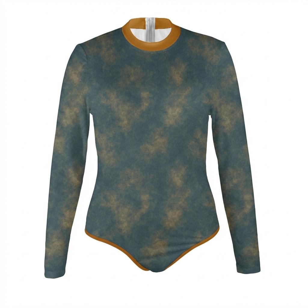 Retro Grunge Look Long-Sleeve One-Piece Swimsuit - Back-Zipper - Lightweight - Petrol Blue
