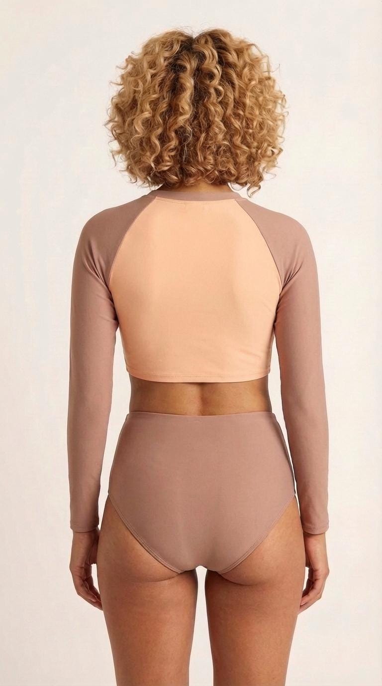 70s Retro Surf Sporty Long-Sleeve Crop-Top Bikini | High-Waist Two-Piece Swimwear | Mauve