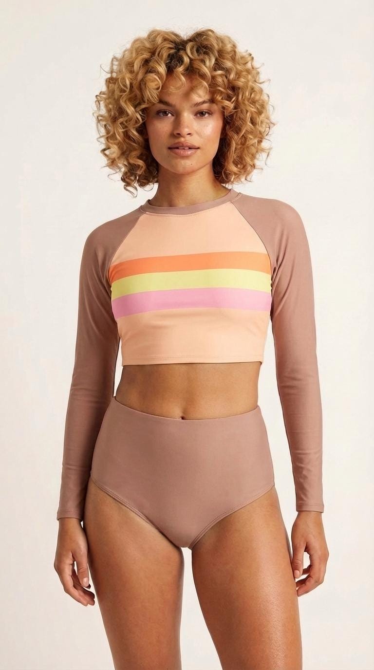 70s Retro Surf Sporty Long-Sleeve Crop-Top Bikini | High-Waist Two-Piece Swimwear | Mauve