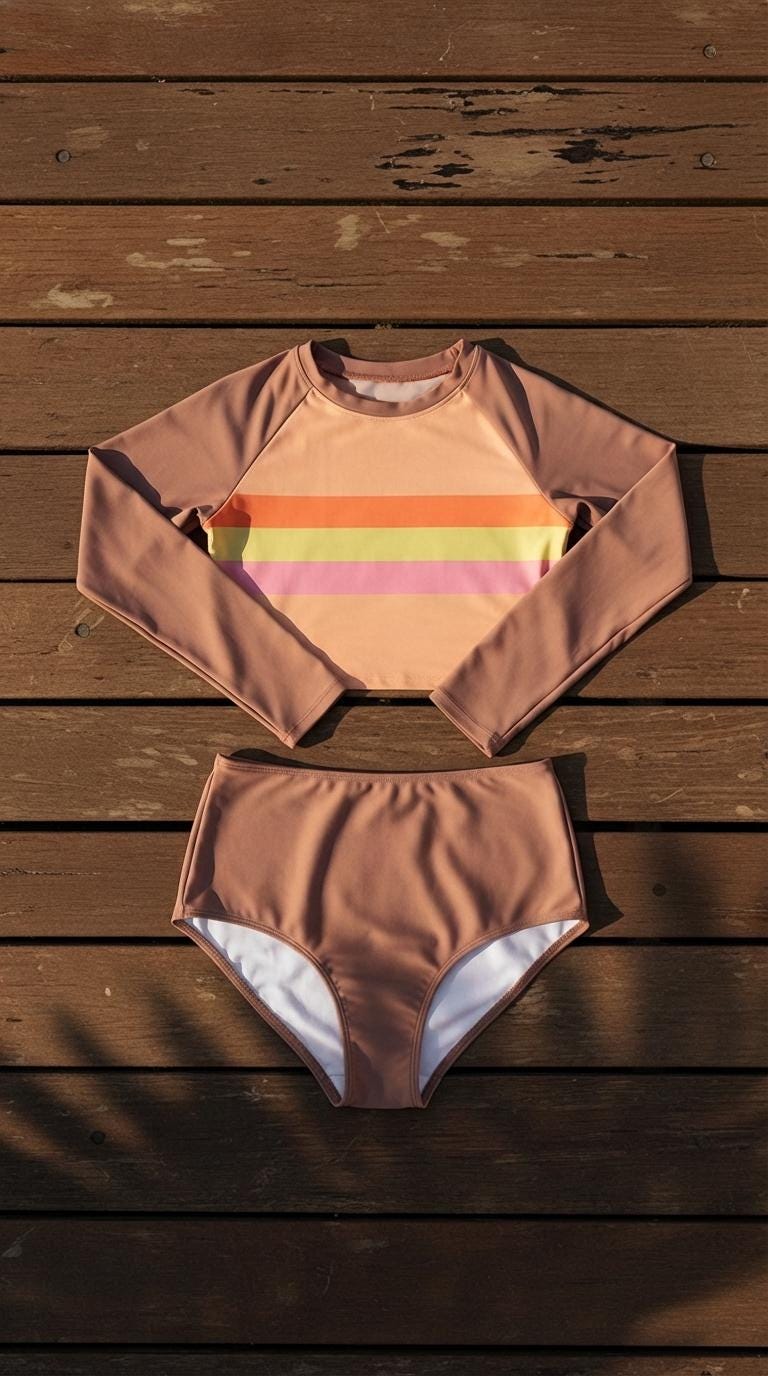 70s Retro Surf Sporty Long-Sleeve Crop-Top Bikini | High-Waist Two-Piece Swimwear | Mauve