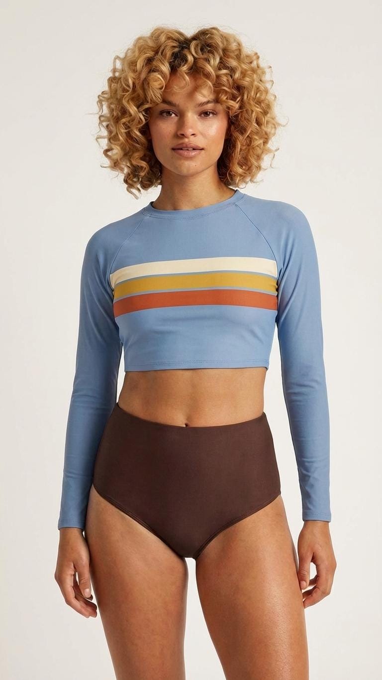 70s Retro Surf Sporty Long-Sleeve Crop-Top Bikini | High-Waist Two-Piece Swimwear | Blue & Brown