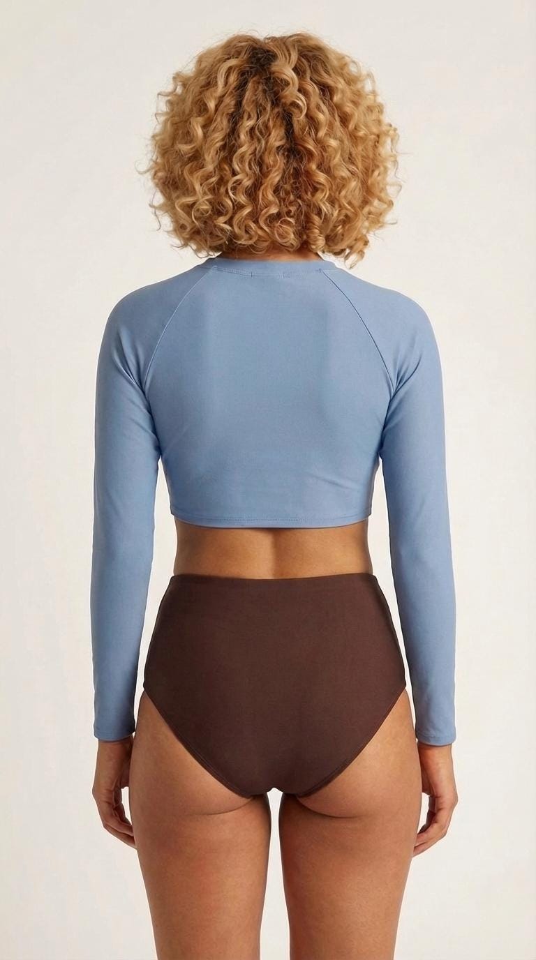 70s Retro Surf Sporty Long-Sleeve Crop-Top Bikini | High-Waist Two-Piece Swimwear | Blue & Brown