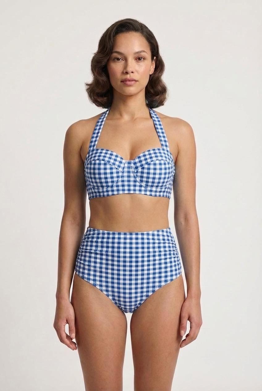 Coquette Vintage-Inspired High-Waist Bikini, Retro Pin Up 50s Blue Gingham Chequered Two-Piece Swimsuit