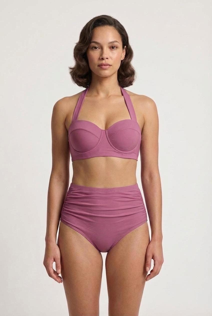 Coquette Vintage-Inspired High-Waist Bikini, Retro Pin Up 50s Mauve Purple Two-Piece Swimsuit