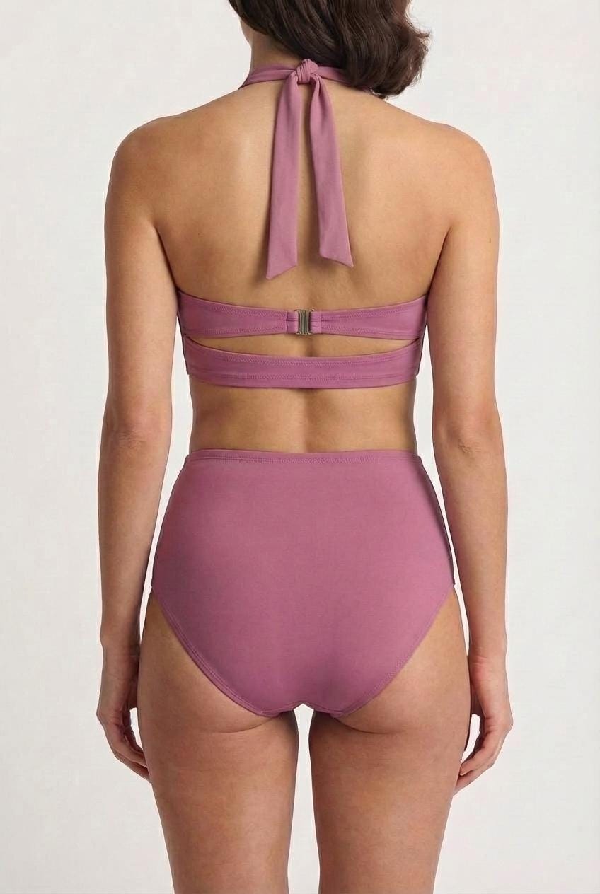 Coquette Vintage-Inspired High-Waist Bikini, Retro Pin Up 50s Mauve Purple Two-Piece Swimsuit
