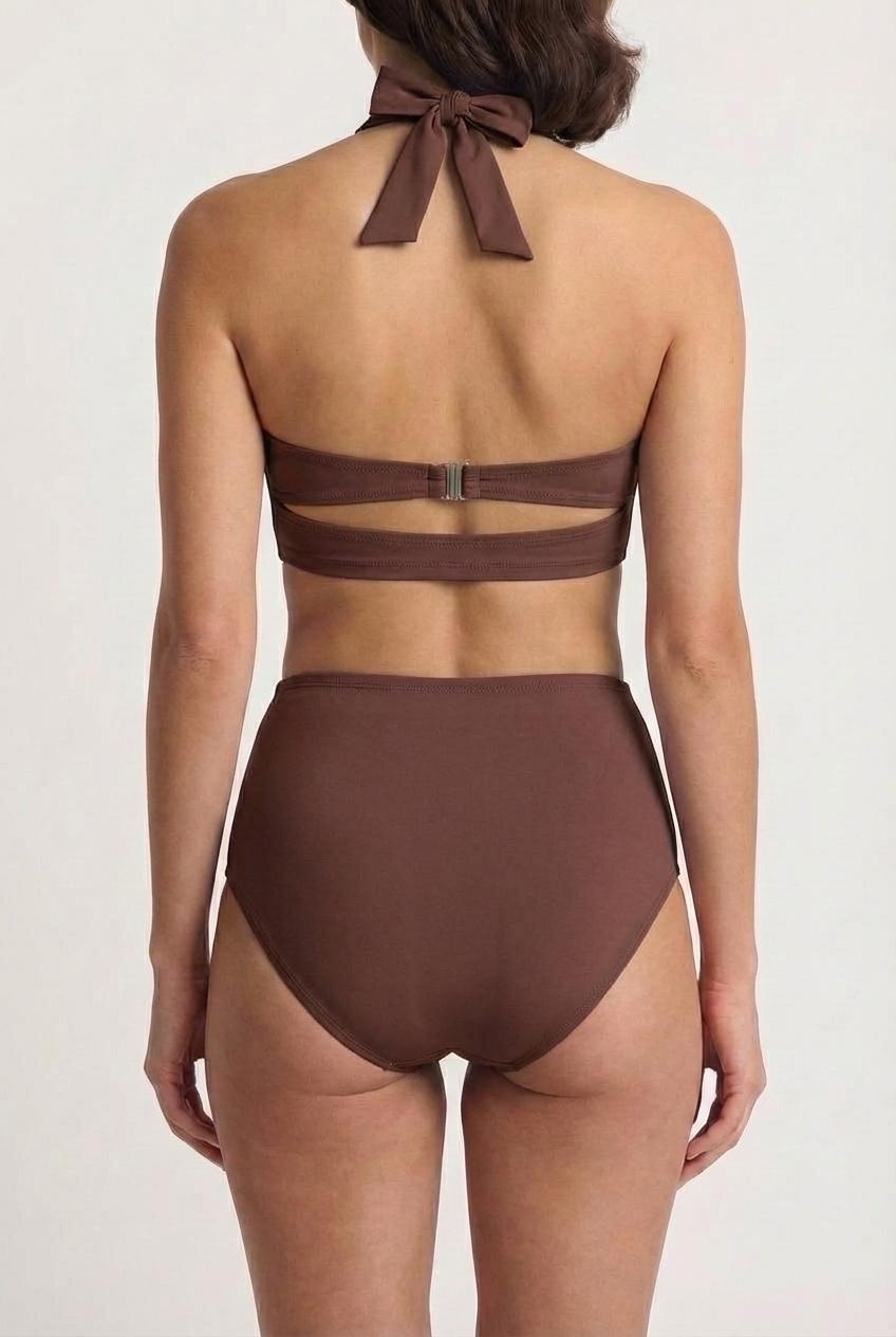 Coquette Vintage-Inspired High-Waist Bikini, Retro Pin Up 50s Chocolate Brown Two-Piece Swimsuit