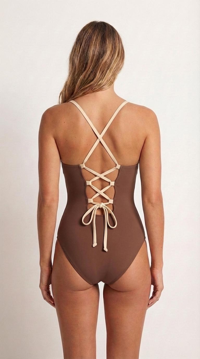 Retro Romantic Push-Up One-Piece Swimsuit with Lace-Up Back, Brown