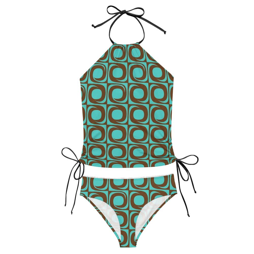 Retro Flattering Tankini Groovy 1960s-Inspired Two-Piece Drawstring Halterneck Swimsuit - Water Sports, Surfing - Brown & Cyan