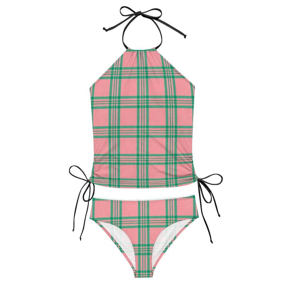 Retro Plaid Tankini Two-Piece Drawstring Halterneck Swimsuit - Water Sports, Surfing - Pink & Green