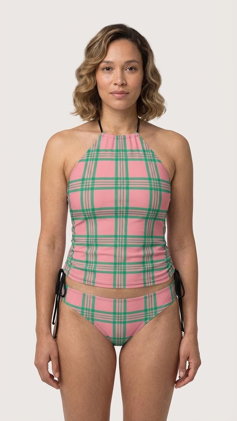 Retro Plaid Tankini Two-Piece Drawstring Halterneck Swimsuit - Water Sports, Surfing - Pink & Green