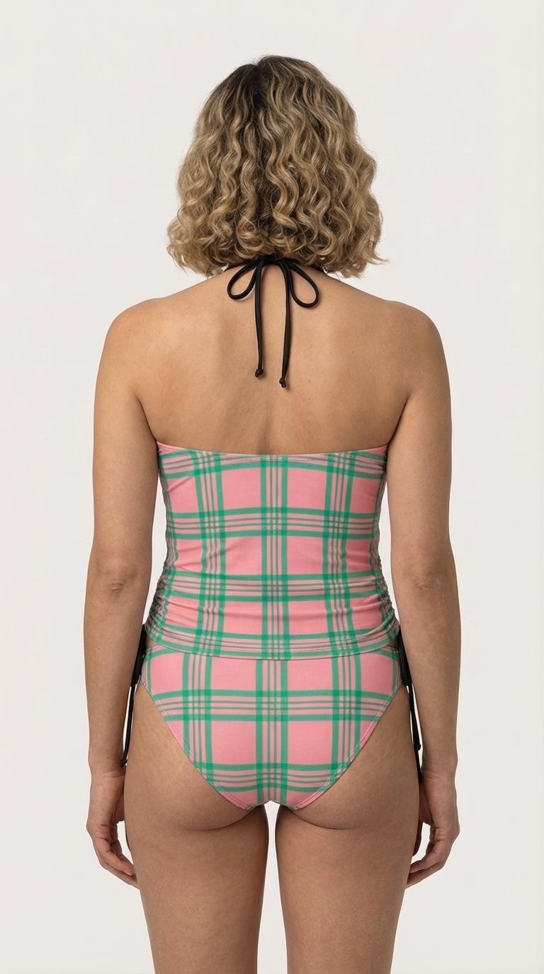 Retro Plaid Tankini Two-Piece Drawstring Halterneck Swimsuit - Water Sports, Surfing - Pink & Green