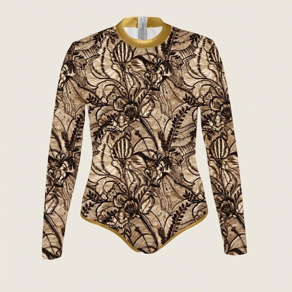 Retro Grunge Look Long-Sleeve One-Piece Swimsuit - Back-Zipper - Lightweight - Lace Print