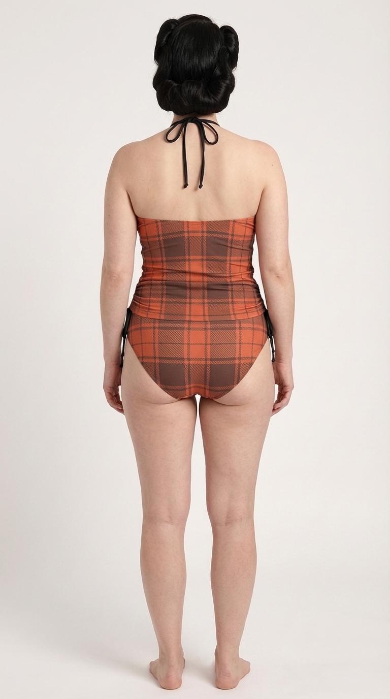 Retro Plaid Tankini Two-Piece Drawstring Halterneck Swimsuit - Water Sports, Surfing - Rust