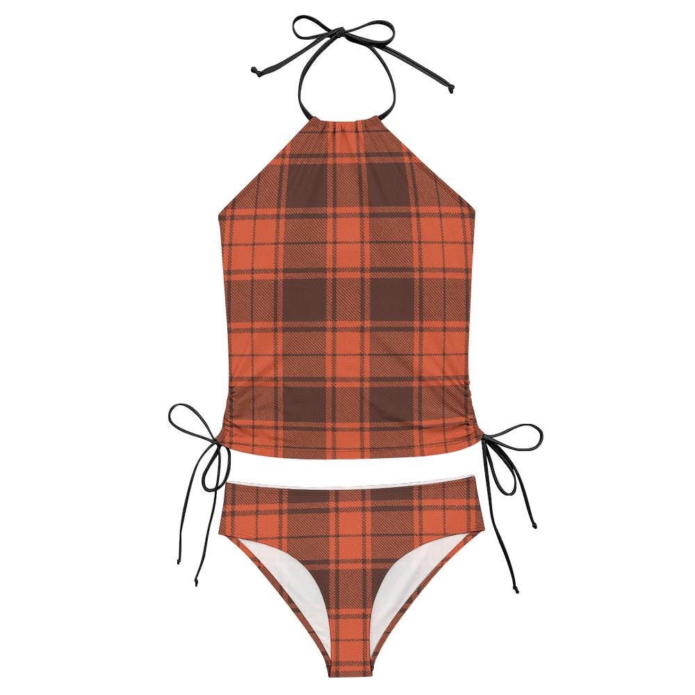 Retro Plaid Tankini Two-Piece Drawstring Halterneck Swimsuit - Water Sports, Surfing - Rust