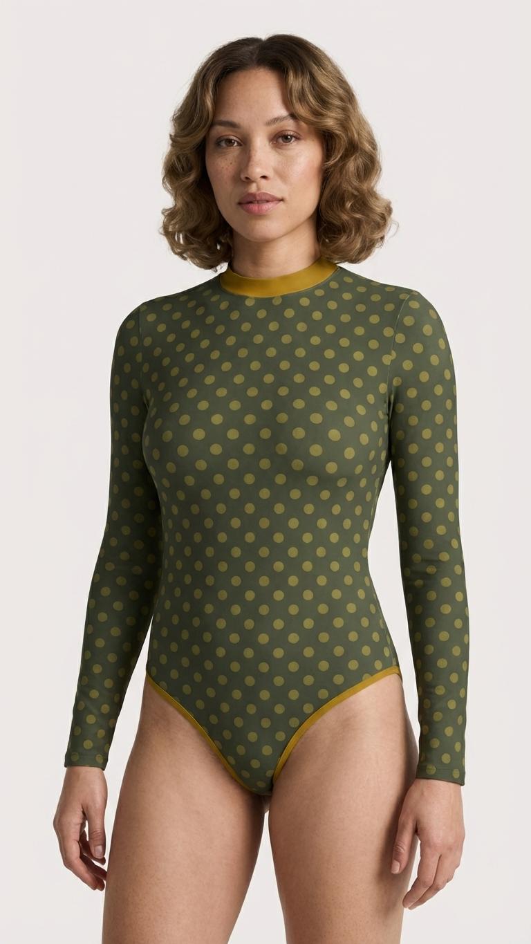 Polka Dot Lightweight Back Zipper One-Piece Swimsuit, Long-Sleeve Olive Green & Mustard Bathing Suit