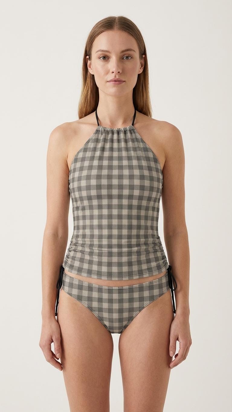 Retro Gingham Tankini Two-Piece Drawstring Halterneck Swimsuit - Water Sports, Surfing - Grunge Grey