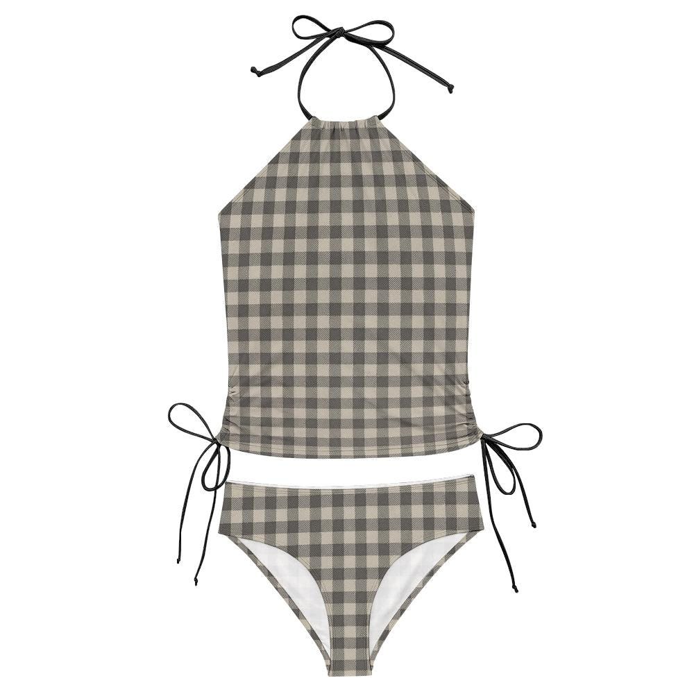 Retro Gingham Tankini Two-Piece Drawstring Halterneck Swimsuit - Water Sports, Surfing - Grunge Grey