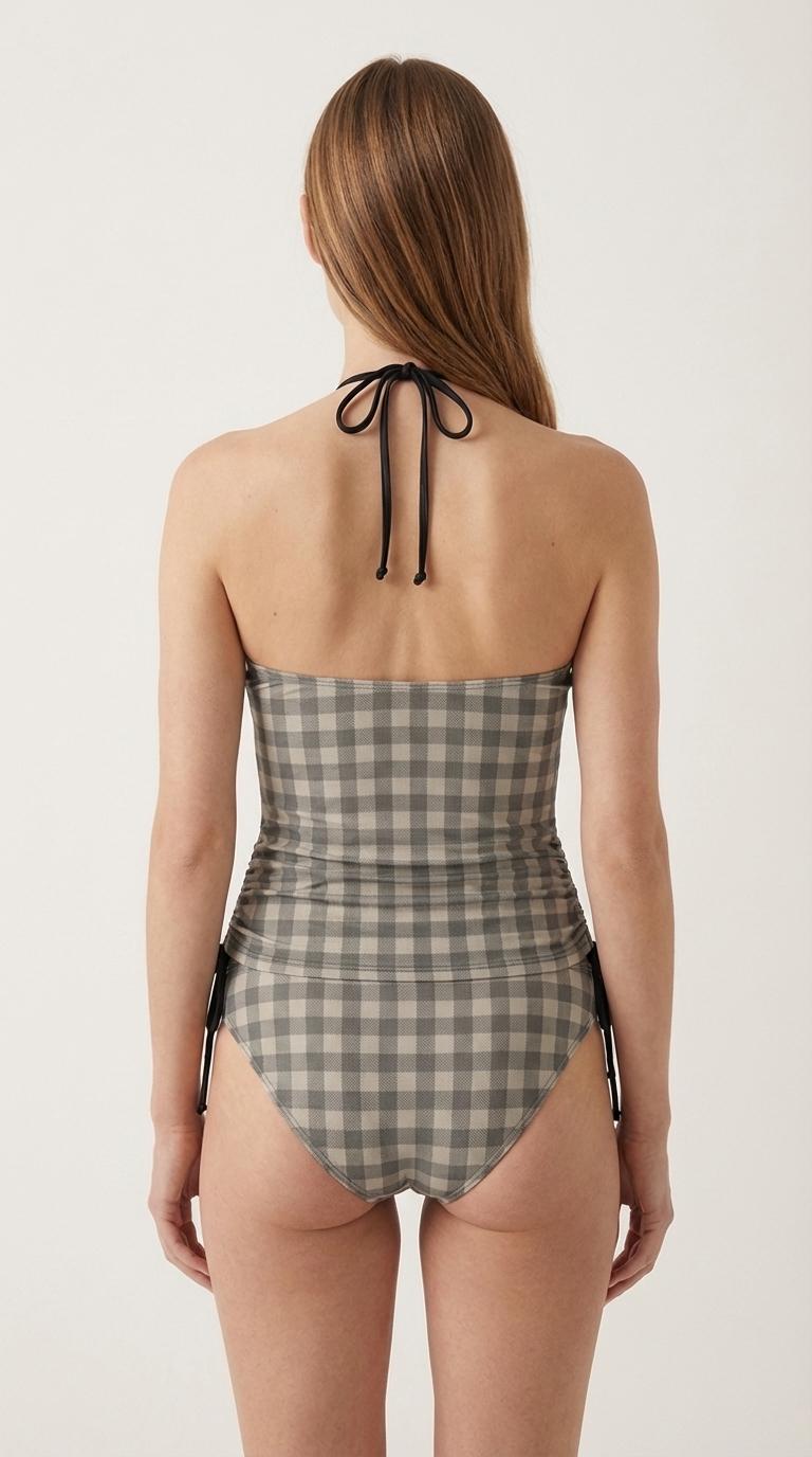 Retro Gingham Tankini Two-Piece Drawstring Halterneck Swimsuit - Water Sports, Surfing - Grunge Grey