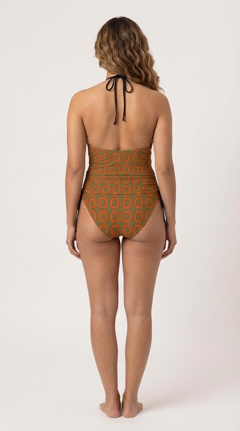 Retro Halterneck Tankini Swimsuit – 1960s Groovy Prints, Side Drawstrings