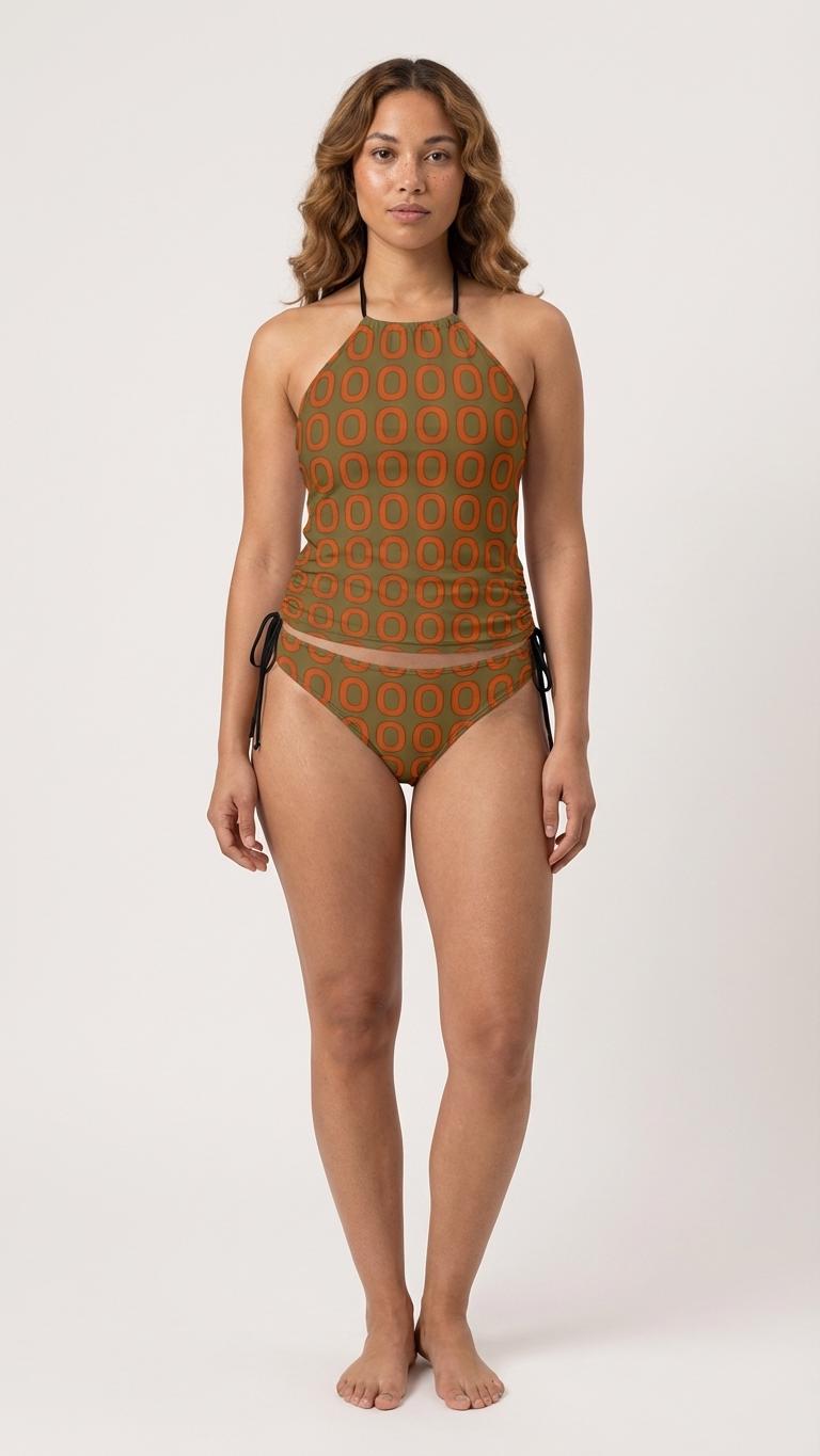 Retro Halterneck Tankini Swimsuit – 1960s Groovy Prints, Side Drawstrings