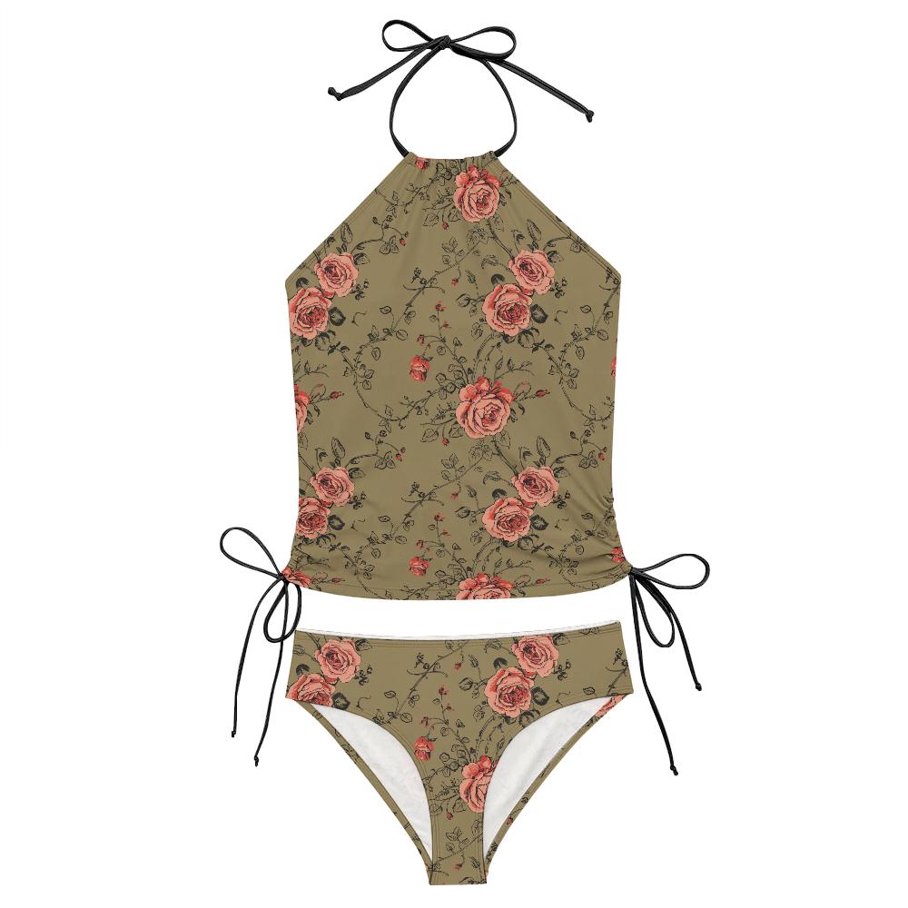 Retro Floral Tankini Two-Piece Swimsuit - Drawstring Halterneck Flattering Fit Surfing Swimwear - Olive Green